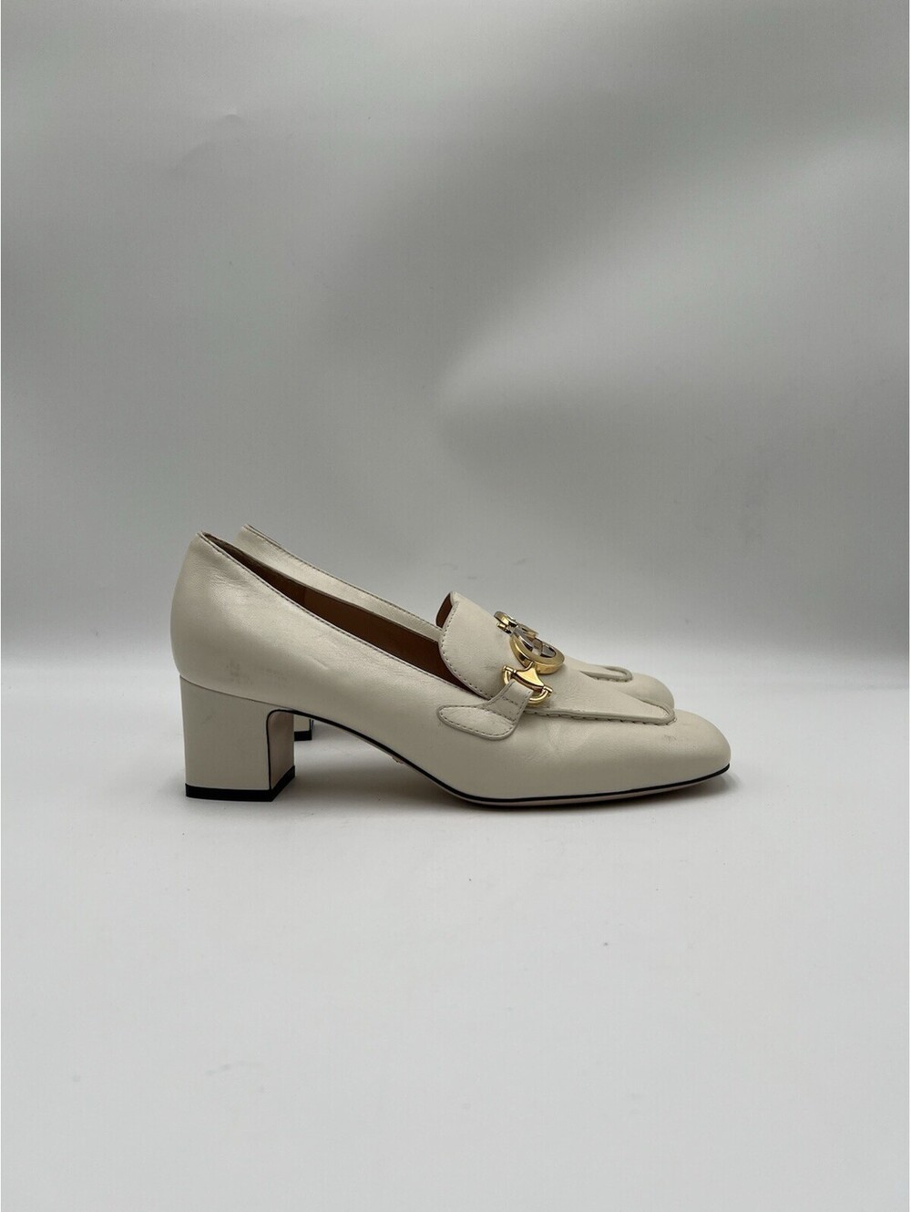 Gucci ZUMI Interlocking GG Block Mid Heel Loafer Pumps White Leather Size 37.5